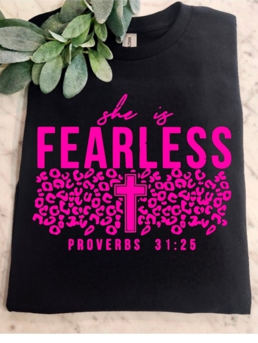 Religious Short Sleeve Tshirt She Is Fearless Christian Cheetah Hot Pink
